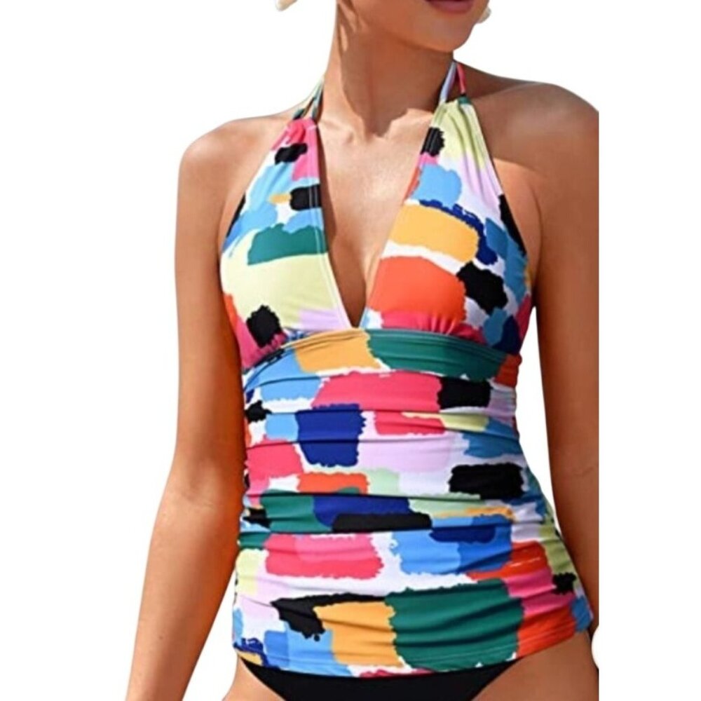 Yonique Womens Tummy Control V-Neck Halter Top Tankini Swimsuit Set Size Small